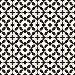 Abstract floral geometric seamless pattern. Simple retro style vector monochrome ornament. Black and white background texture with floral silhouettes, leaves, curved shapes, grid. Repeated geo design