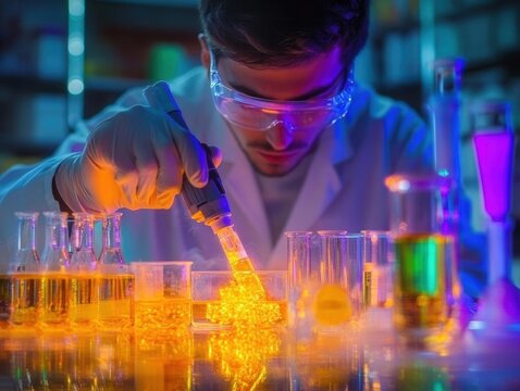 Clear liquid test in progress, with a scientist observing the reactions closely, clear liquid test, experimental research.