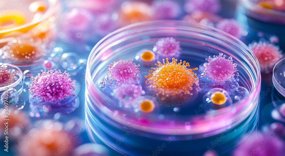 Poster a colorful image of a cell with a virus in the middle. the cell is surrounded by other cells, some o