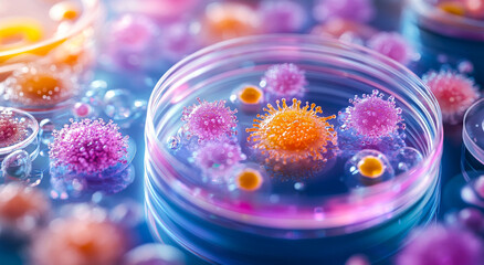 A colorful image of a cell with a virus in the middle. The cell is surrounded by other cells, some of which are pink and some are orange. Concept of chaos and disorder