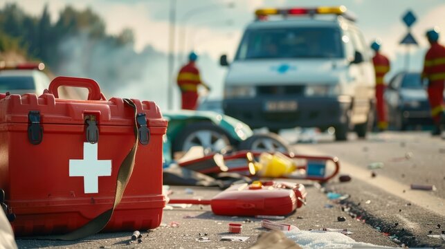 Immediate Response to Trauma: First Aid Kit Essential for Prompt Care at Traffic Accident Scenes with Paramedics and Wrecked Vehicles