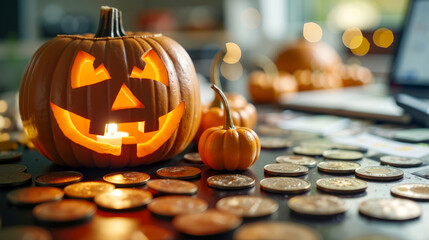 A jack-o-lantern sitting on top of a table next to a pile of coins