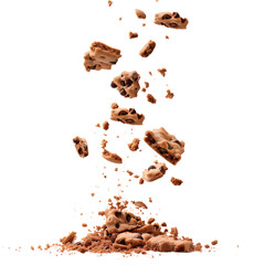 Cookie crumbs falling and gathering in a pile, isolated on a transparent background. Concept of baking, texture, and crumbling.