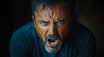 Obraz premium A man with a beard and a beard is angry and yelling. He is wearing a black shirt