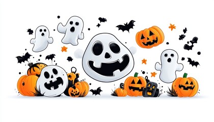 A playful Halloween scene featuring ghosts, pumpkins, and bats, perfect for festive decorations and seasonal celebrations.