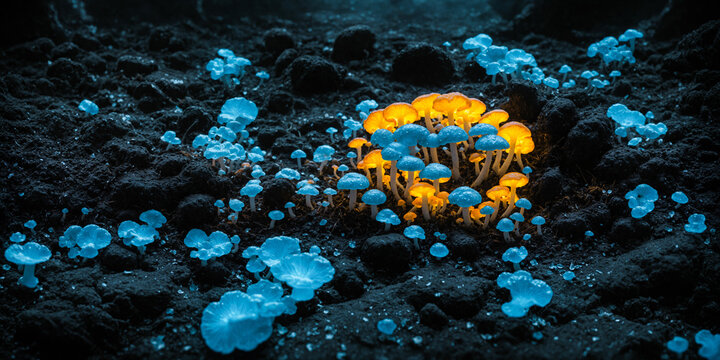 Blue and yellow psilocybin mushrooms, glow brightly, grow on a volvanic soil in groups deep in the cave. Digital photorealistic illustration. The medicine of the future, a super medicine, smart drug