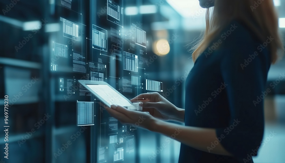 Aufkleber efficient file management: compliance regulations utilized by businesswoman working with digital tab