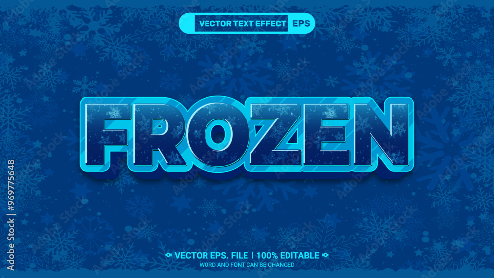 Poster frozen 3d editable vector text style effect with snowflake on blue background