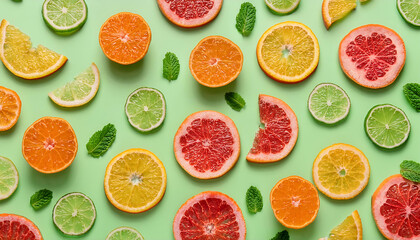 Colorful and vibrant pattern of citrus fruit slices and mint leaves on a light green background, ideal for culinary, food, and artistic themes