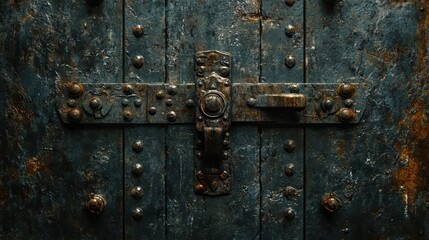 Fototapeta premium A close-up view of an old, weathered steel door with intricate bolts and a rusty latch, perfect for themes of security, history, or industrial design, Uses include historical articles