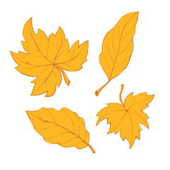 Vector set of golden abstract leaves in flat doodle style, isolated on white background. Hand drawn clip arts, symbol of autumn, nature