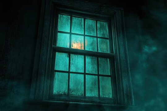 A haunting window with eerie green lighting and a dimly visible glow from inside, perfect for horror, mystery, and suspense themes in media, presentations, and spooky storytelling contexts,