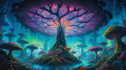 Mythical World Tree, fantasy landscape with glowing tree, fairytail conxept illustration