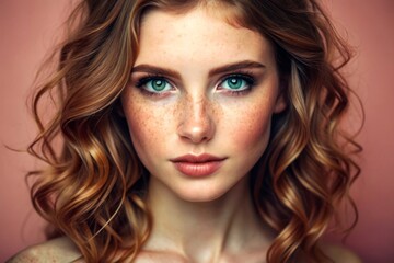 Emotive portrait of a fashionable model with red (ginger) curly hair and natural make-up posing over grey background. Perfect skin with freckles. Studio shot