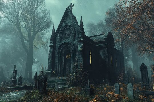 A gothic mausoleum in a misty graveyard, with eerie lighting and an overgrown landscape perfect for themes related to horror, mystery, spooky atmospheres, or Halloween events and promotions,