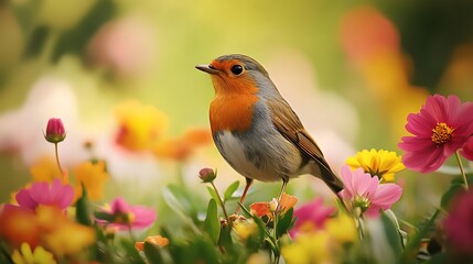 Robin Perched on Flowers