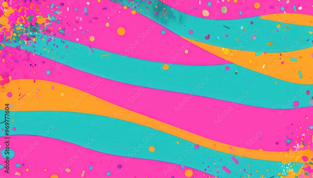 Poster a vibrant abstract background with colorful waves and playful confetti elements.