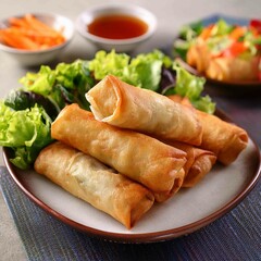 fried spring rolls on a plate with salad