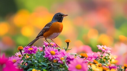 A Bird Perched Amidst a Floral Paradise