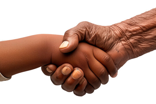 Handshake between a black man and a child, isolated on a transparent background. Both are in clothing with different textures, symbolizing cooperation, trust, and intergenerational understandingю