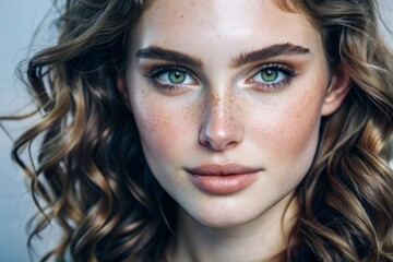 Fototapeta premium Emotive portrait of a fashionable model with red (ginger) curly hair and natural make-up posing over grey background. Perfect skin with freckles. Studio shot