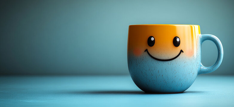 A smiling cup with a blue and yellow design sits on a blue table. The cup's cheerful appearance suggests a positive and uplifting mood