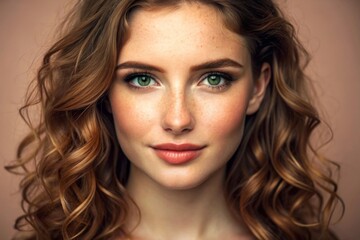Naklejka premium Emotive portrait of a fashionable model with red (ginger) curly hair and natural make-up posing over grey background. Perfect skin with freckles. Studio shot