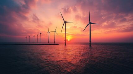 As the sun sets on the horizon, wind turbines rise majestically from the water, creating striking silhouettes against a colorful sky filled with clouds