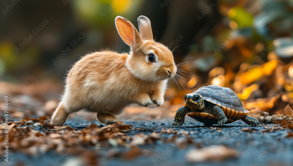 Poster a rabbit and a turtle are running on the ground