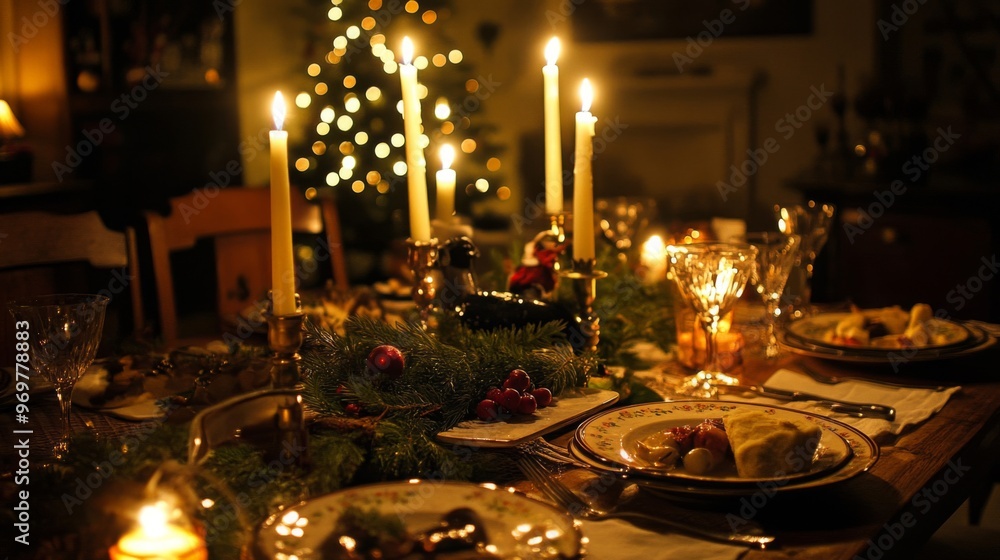 Poster a festive table setting with candlelight and a christmas tree in the background