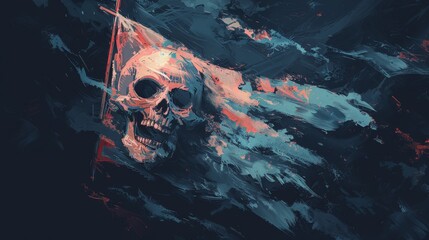 A haunting and vibrant depiction of a skull on a tattered flag, merging dark themes with striking colors.