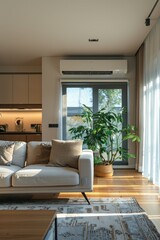 Fototapeta premium Sustainable Living Room Design with Energy-Efficient Air Conditioning and LED Lighting