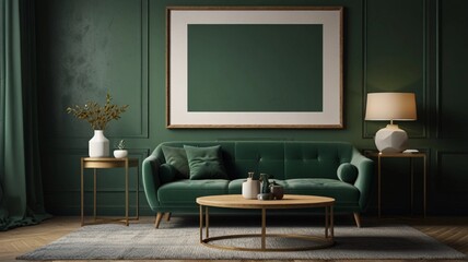  round coffee table near a green sofa, modern interior

