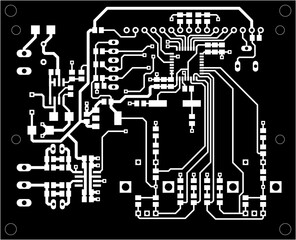 Vector printed circuit board of electronic 
device with components of radio elements, 
conductors and contact pads placed on pcb. 
Engineering technical drawing. Electric background.
Cad design.