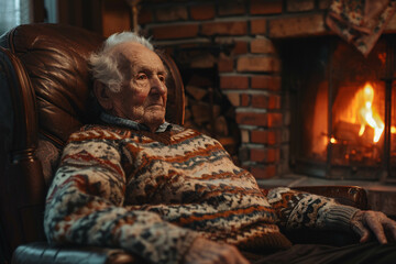 Fototapeta premium portrait of a senior person sitting at the fireplace