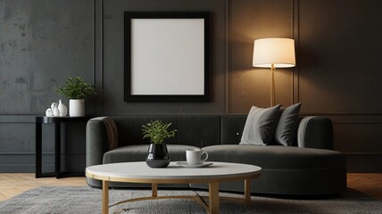  round coffee table near a sofa wall with an empty poster mockup frame. modern interior

