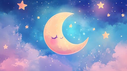 Fototapeta premium Whimsical illustration of a crescent moon with a serene face surrounded by twinkling stars in a dreamy night sky.