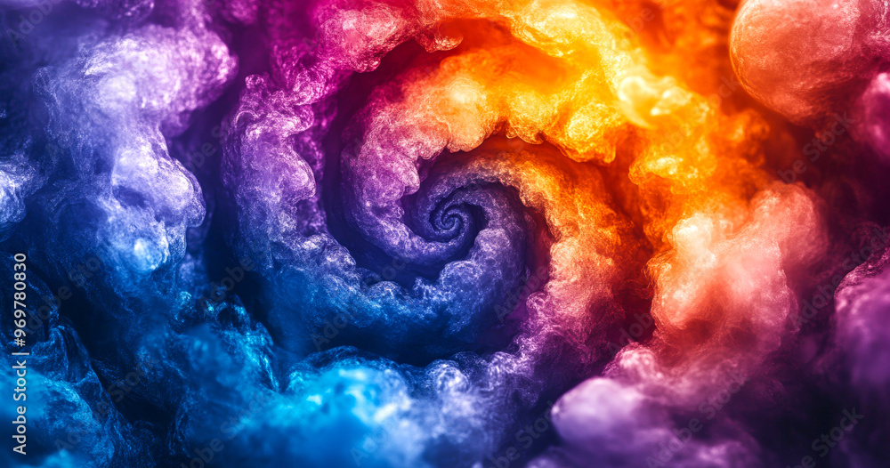 Poster a colorful swirl of clouds with a rainbow in the center. the colors are vibrant and the swirl is dyn