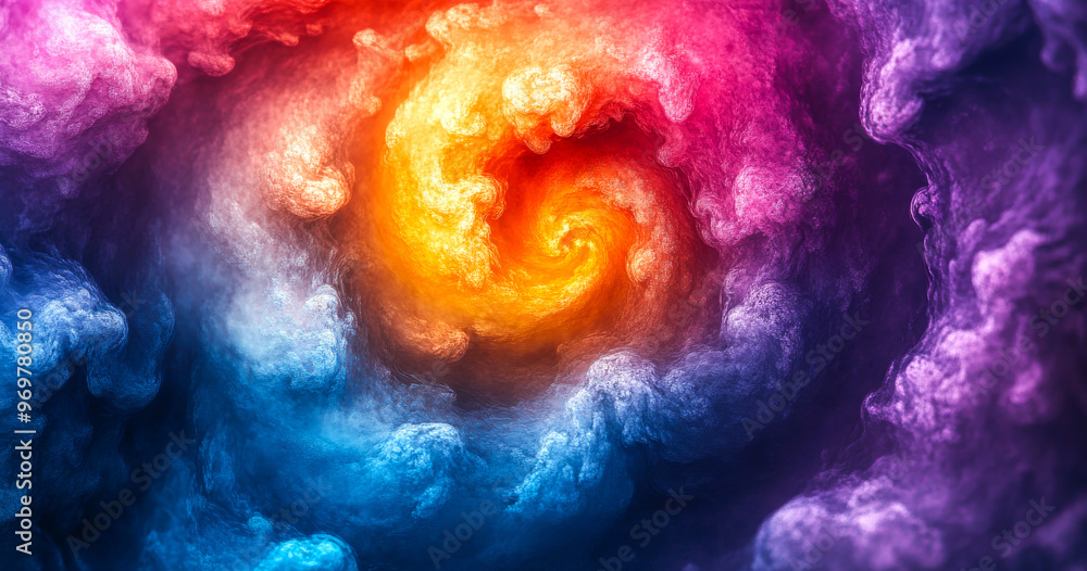 Poster a colorful swirl of clouds with a rainbow in the center. the colors are vibrant and the swirl is dyn