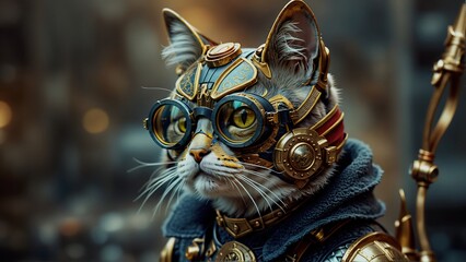 Gato steampunk chistosa y curiosa. Está vestida. Representa lo vintage y futurista a la vez. 