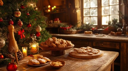 Festive Christmas Table Setting with Cookies and a Decorated Tree