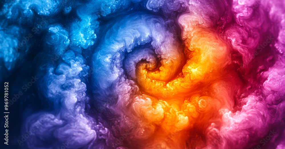 Poster a colorful swirl of clouds with a yellow center. the colors are vibrant and the swirl is dynamic