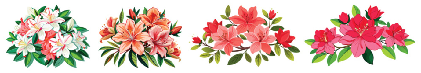 Vibrant Azalea Flower Illustration with Green Leaves - Detailed illustration of a vibrant azalea flower, surrounded by lush green leaves. Perfect for nature-themed artwork or botanical designs