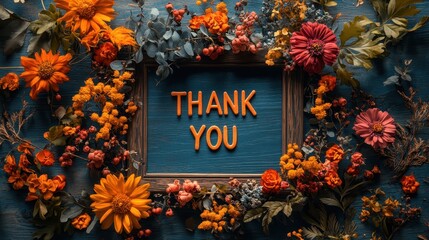 Text "THANK YOU" message with flower border frame on wooden background
