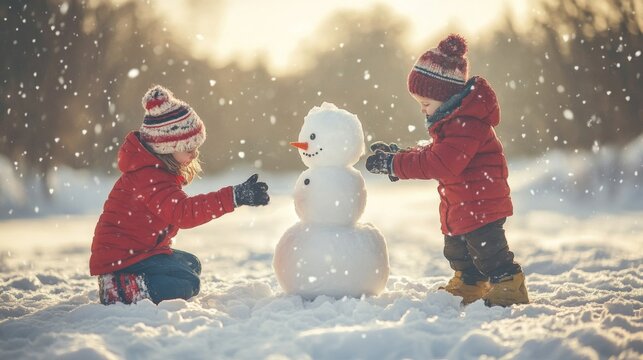 Two Children Building a Snowman in the Snow