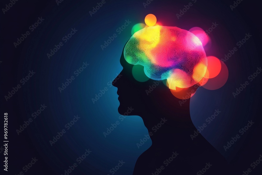 Poster cognition connectome hippocampus axon and neural coding silhouette of human head with glowing multic
