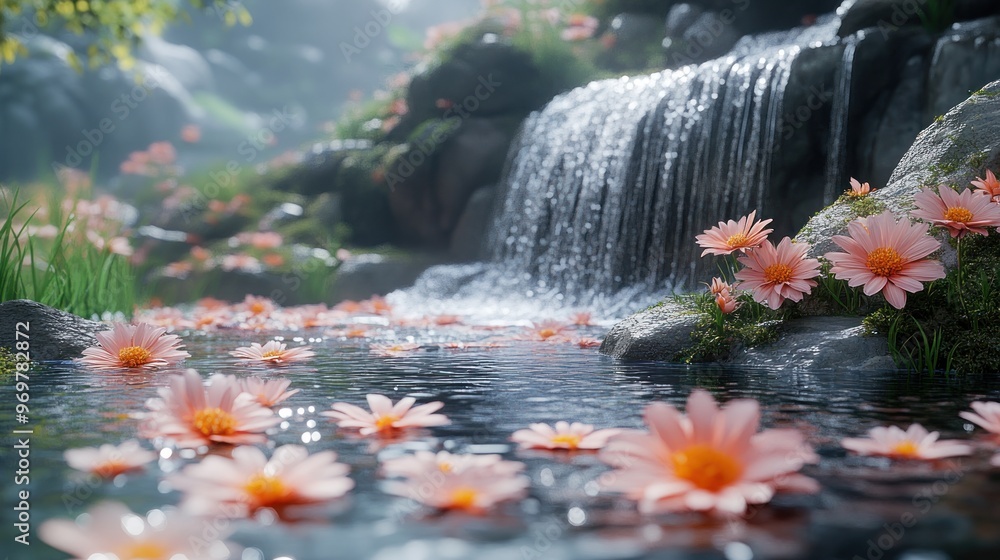 Wall mural Tranquil Waterfall and Delicate Pink Flowers