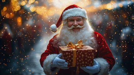 Santa Claus holding a present