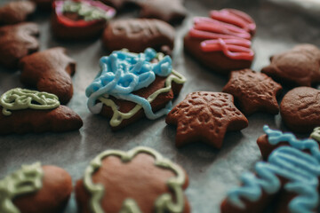 Homemade gingerbread cookies decorated with the colorful icing. 