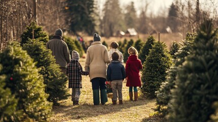 Family Walking Through a Christmas Tree Farm